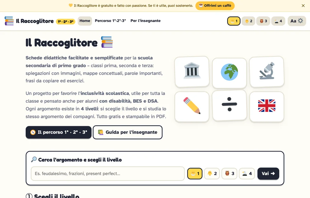 Pagina iniziale del Raccoglitore: argomenti per materia e scelta del livello