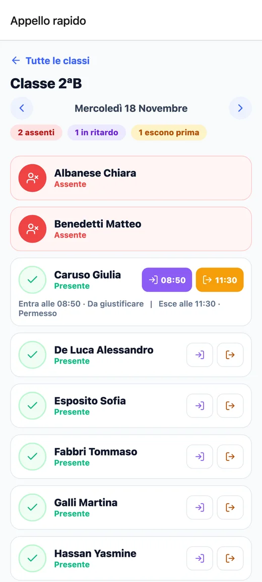 Appello rapido con assenti, entrate e uscite
